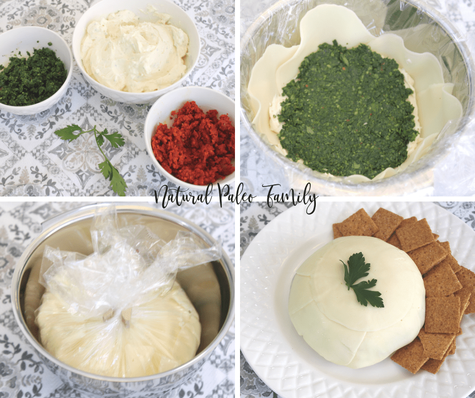 Collage: the pesto, sun-dried tomatoes in separate bowls; the pesto layer going into the blossom in a bowl; the blossom wrapped in plastic wrap in a bowl; the finished pesto cheese blossom on a plate with crackers