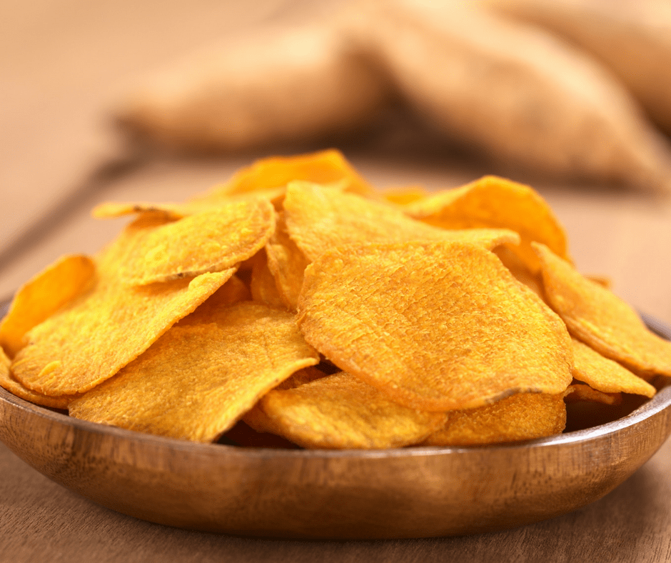 Sweet potato chips in a wooden bowl