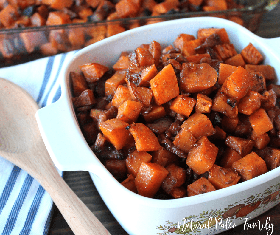 Roasted bacon sweet potatoes in a casserole dish