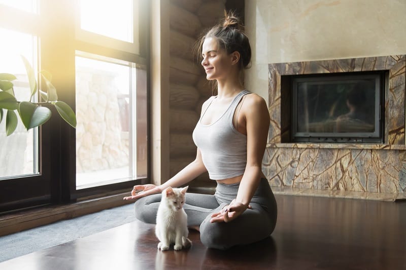 woman meditating with a cat in front of her
