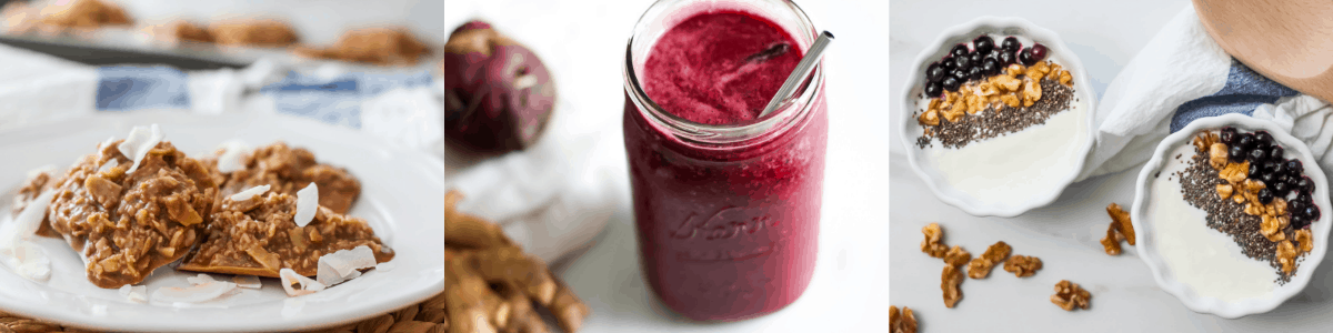 chocolate no bake cookies; beet veggie smoothie; homemade yogurt