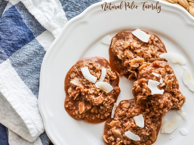 four chocolate sugar free no bake cookies on a white plate